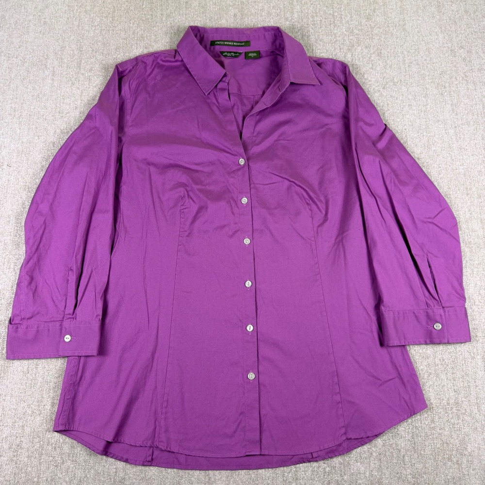 Eddie Bauer Button Down Shirt Womens L Tall Purple Stretch Wrinkle Resistant